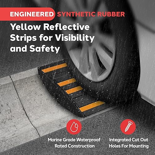 Pyle 1 Ft. Rubber Curb Ramp - Pack of 2 Heavy Duty Non-Slip Threshold Ramps for Driveways & Sidewalks, Yellow Reflective Strips, Marine Grade, Expansion Screws Included, 12.0’’x 16.0’’ x 2.6’’ Inches - Poueer