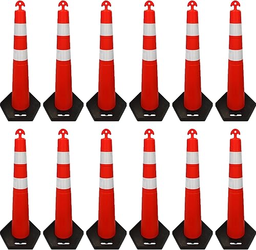 Electriduct 42' T-Top Traffic Channelizer Cones Stackable Safety Polyethylene Delineator Post with Base MUTCD - Pack of 6 - Poueer