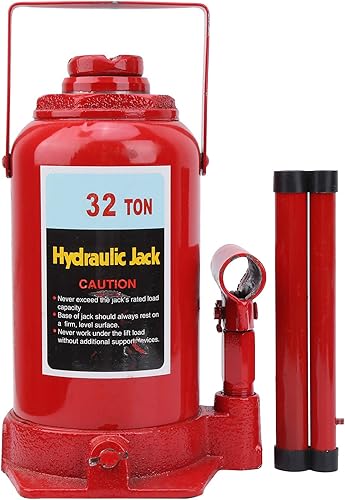 Heavy Duty Hydraulic Bottle Jack - 32 Ton Capacity Lifting Equipment with Handle, Red - Poueer