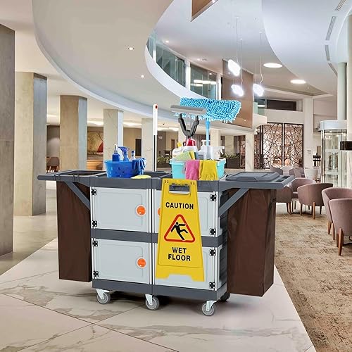 Commercial Janitorial Cart with 4 Cabinet, Hotel Cart Housekeeping Room Service Cart Hand Push Utility Cart with Wheels, Cleaning Cart with Wheels and Large Capacity Vinyl Bag, Housekeeping Carts - Poueer