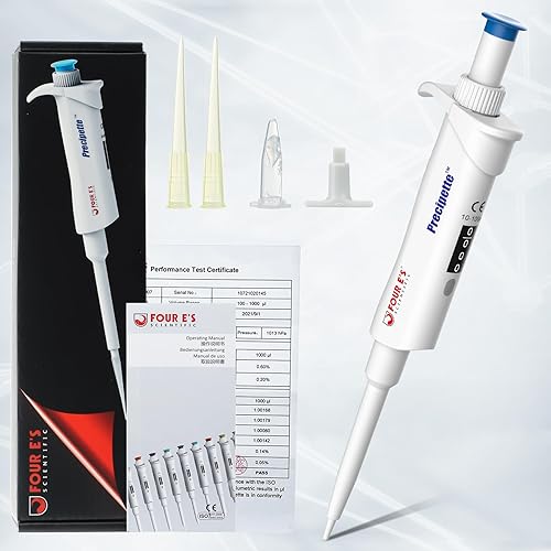 4E's USA Pipette with 200µL Tips 96 Pieces Racked, 10-100µL ISO Calibrated Adjustable Single Channel Pipettes - Poueer