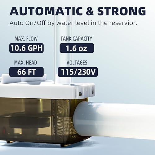 66 FT Max Head 10.6 GPH Mini Split HVAC Condensate Pump, 110-240V w/Automatic Safety Switch, AC Condensate Removal for Air Conditioner System, Furnace, Dehumidifier, Ice Maker - Poueer