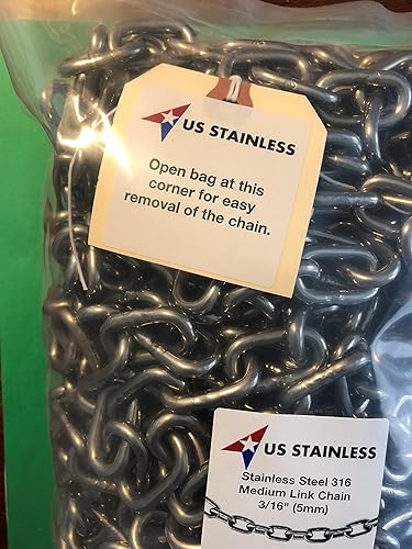US STAINLESS Stainless Steel 316 Chain 3/16' (5mm) Medium Link Chain 50' - Poueer