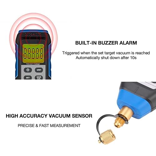 Digital Vacuum Gauge, 0-75000 Microns Gauge Range, ±5% Measurement Accuracy, 4 Vacuum Units Buzzer Alarm Digital Display 7/16”-20UNF Connector Three-Way Connection Extended Rod - Poueer