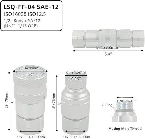 1/2'' NPT Flat Face Hydraulic Quick Connect Coupling Set Skid Steer Loader Quick Disconnect Coupler with Dust Caps ISO12.5 - Poueer