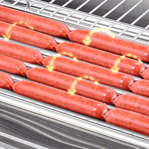 7-Roller Hot Dog Roller Machine with Dual Temperature Control, Holds 18 Hot Dogs, Non-Stick & Stainless Steel, LED Light, for Parties, Events & Food Stalls 1050W - Poueer
