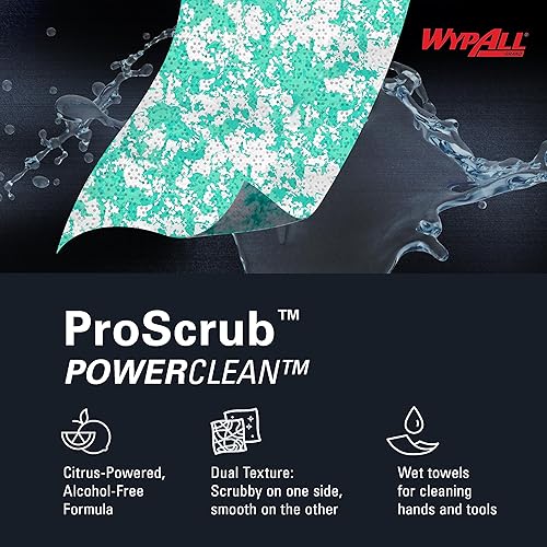 WypAll PowerClean ProScrub Heavy Duty Wet Towels (91371), Dual Action Cleaning, Large 9.5' x 12' Wipes, Bucket Included (6 Containers of 75 Sheets, 450 Sheet Total) - Poueer