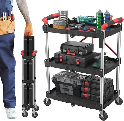 3 Tier Foldable Service Cart with Wheels, Rolling Collapsible Folding Utility Cart for Home, Office, Garage, and Warehouse (Red) - Poueer