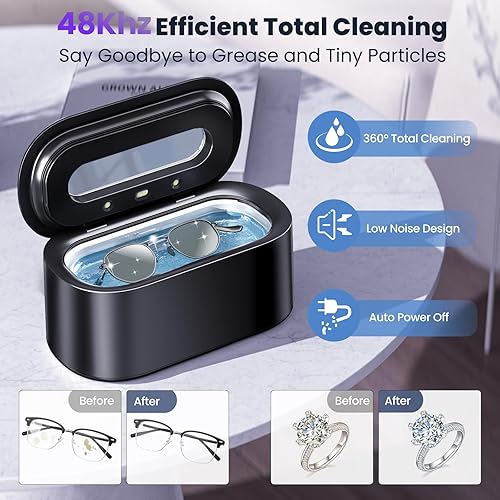 Ultrasonic Jewelry Cleaner, 48Khz 12oz Professional Jewelry Cleaner Ultrasonic Machine with Digital Timer, 30W Portable Ultrasonic Cleaner for Eyeglasses, Necklaces, Rings, Watches, Dentures - Poueer
