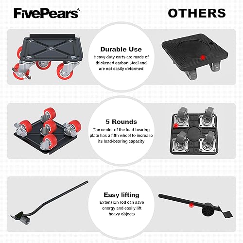 Fivepears Furniture Lift Mover Tool Set-3000 lb,5-Wheel Heavy-Duty Furniture Dolly with Handle,360°Swivel Casters Trolley-Ideal for Moving Heavy Machinery, Equipment, Pianos, Couches and Carpeted - Poueer