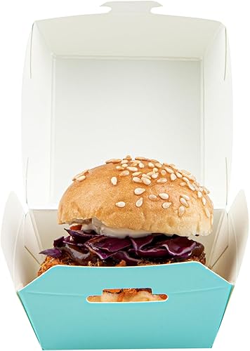 Restaurantware 2.5 x 2.5 x 2 Inch Mini Burger Boxes 100 Clamshell Food Containers - Hinged Lid Disposable Turquoise Paper Take Out Boxes Serve Sliders Or Finger Foods - Poueer