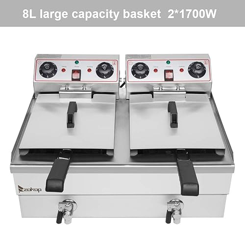 1700W Commercial Stainless Steel Deep Fryer 12.5QT with Oil Drain Faucet, 60-Min Timer & Thermostat Control - 8L Large Capacity for Restaurants/Home Use - Poueer