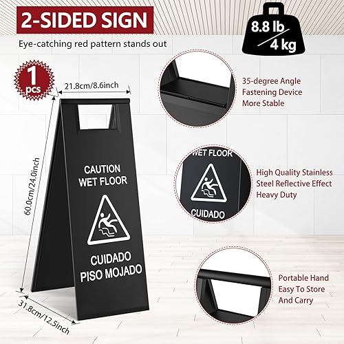 Stainless Steel Wet Floor Caution Sign Bulk 8.8 Pound Portable Foldable Handle Bilingual Safety Sign for Kitchen Restaurant Supermarket Shop Commercial Use Avoid Fall and Slip Accident(Gold) - Poueer