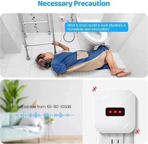 Emergency Call Light System with Pull Cord and Call Button, 60dB 80dB 100dB Adjustable Volume Alarm, Waterproof, 300 Feet Wireless Range, Designed for Accidental Falls in The Bathroom - Poueer