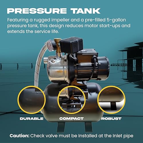 PS&W 1.5HP Shallow Well Pump with Pressure Tank, 1500GPH, 115V, Stainless Steel Irrigation Pump, Automatic Water Booster Jet Pump for Home, Garden, Lawn - Poueer
