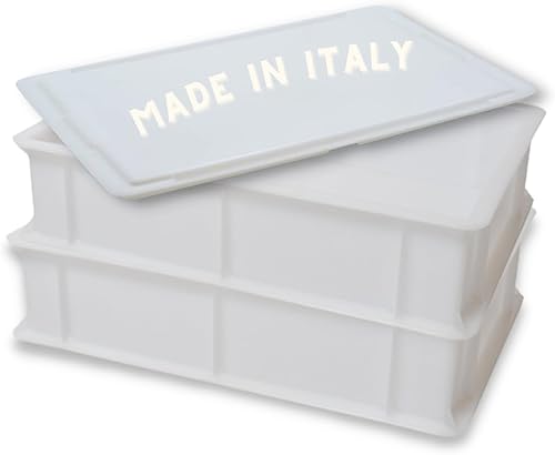 L'Oro Del Sud Home Refrigerator Size, Dough Proofing Box Tray (2 Pack + 1 lid), White Stackable, Commericial Grade, Pizza Proofing Dough Pan with Lid (16 inch x 12 inch x 4 inch), Made in Italy - Poueer