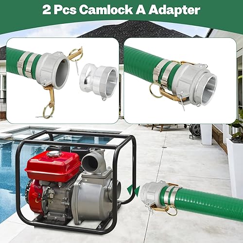 Heavy Duty 2' x 20' Green PVC Discharge Hose Pump Kit, Pool Suction Hose with Aluminum Camlock Fittings, Steel Round Strainer, Cam & Groove Adapter - Poueer