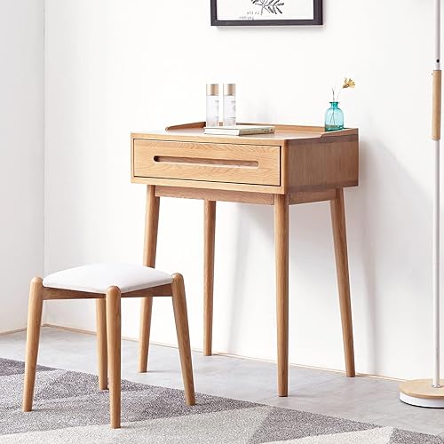 Solid Wood Dresser Bistro Table with Compact Storage, Natural Finish, Table Desk for Accessories, 60cm Width - Poueer