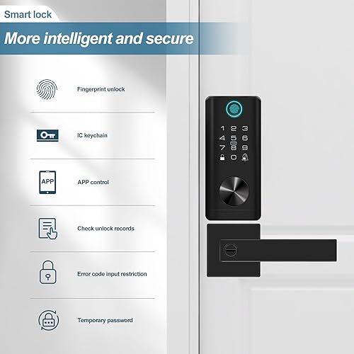 Fingerprint Smart Keypad WiFi keyless Entry Door Lock Set with Lever Handle, Electronic Biometric Front Digital Deadbolt TT Lock Set, Black - Poueer