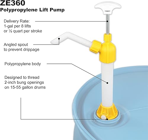 ZEELINE BY MILTON Transfer Pump, Manual Drum Pump, 1 Gallon per 8 Lifts, Up to 55 Gallon Drum Pump (ZE360) - Poueer