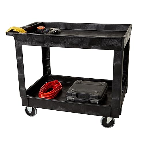 Rubbermaid Commercial Products 2-Shelf Service/Utility Cart with Wheels, 300-Pound Capacity, Black, Lipped Shelves with Handle, Use in School/Restaurant/Warehouse/Manufacturing - Poueer
