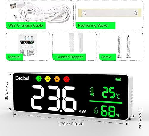 Decibel Meter Wall Hanging Sound Level Meter,5-in-1 Classroom Noise Meter Large LED Display Noise+Time+Temperature & Humidity Meter for Home, Studio, Factory, Classroom Noise Meter - Poueer