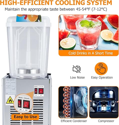 Commercial Beverage Dispenser, 1 Tank 18 L / 4.75 GAL Per Tank Juice Dispenser,180W Stainless Steel Ice Tea Drink Machine with 45°F-54°F Cooling Temperature, for Cold Drink Restaurant Bar Party - Poueer
