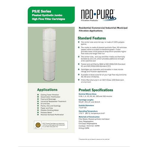 Neo-Pure PSJE-90-05 Pleated Synthetic Jumbo Cartridge 5 Micron Compatible with Harmsco® HC/90-5W-HF, HC/90-5 for High Flow Under Sink Water Filtration Systems - Poueer