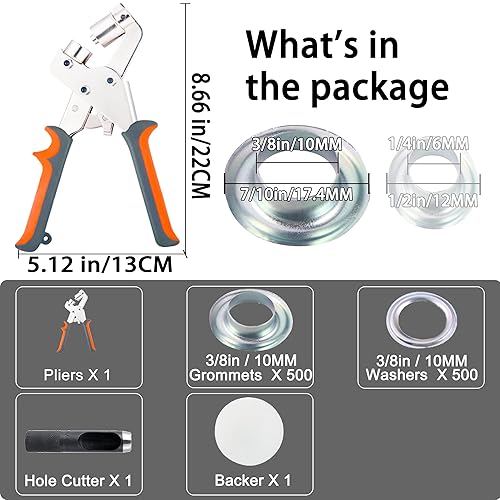 Heavy Duty Grommet Tool Kit, 500 pcs 3/8 Inch 10mm Grommets, Grommet Kit, Eyelet Tool, Press for Tarp, Fabric, Banner, Canvas, Leather, Tents, Vinyl, Punching Machine - Poueer