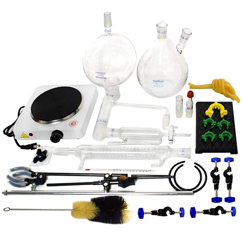 2000ml Essential Oil Distillation Apparatus Lab Glassware Kits Steam Water Distiller Purifier Kits w/Hot Stove Separating Funnel Graham Condenser S35 and 24/40 Joint - Poueer