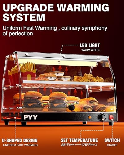 PYY Food Warmer Commercial - Countertop Pizza Warmer Countertop 2-Tier with LED Lighting Food Display,Warmer Disaplay Case for Pastry Pretzel - Poueer