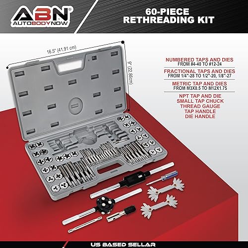 ABN Metric and SAE Standard Tap and Die 60-Piece Rethread Set Rethreading Kit for Cutting External and Internal Threads - Poueer