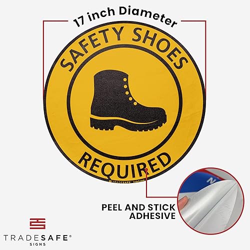 TRADESAFE Safety Glasses Required Anti-Slip Floor Sticker - Eye Protection Required Caution Sign, Peel and Stick Adhesive Vinyl Sign, ANSI-Compliant, 17” Diameter Round Sticker - Poueer