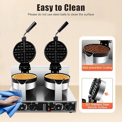 Commercial Waffle Maker, 2400W Electric Professional Round Double Head Waffle Machine for Household Bakeries Snack Bar - Poueer