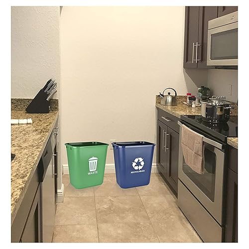Acrimet Wastebasket Bin for Recycling and Waste, 6.75 Gallon/ 27 Quart/ 24 Liter (Plastic) (Green and Blue) (Set of 2) - Poueer