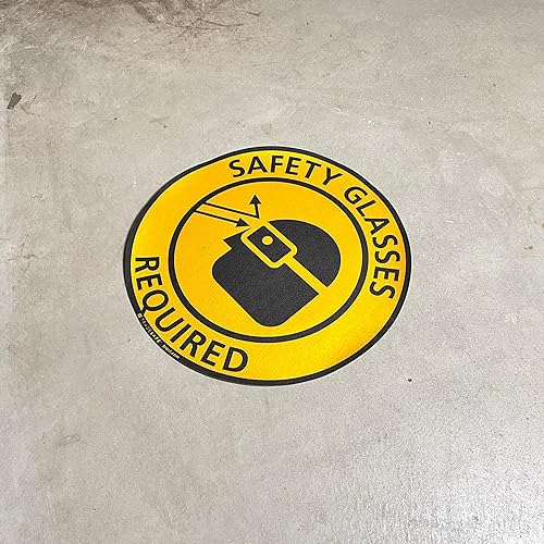 TRADESAFE Safety Glasses Required Anti-Slip Floor Sticker - Eye Protection Required Caution Sign, Peel and Stick Adhesive Vinyl Sign, ANSI-Compliant, 17” Diameter Round Sticker - Poueer