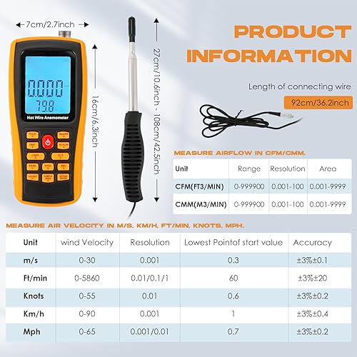 Bonvoisin Hotwire Anemometer Handheld CFM/CMM Air Flow Velocity Meter Wind Speed Gauges with Backlight LCD Display for HVAC in-Duct Airflow Air Velocity Temperature(Thermal Anemometer) - Poueer
