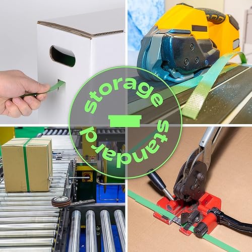 Heavy Duty Packaging Strapping Banding Roll - Green Polyester PET Industrial-Grade, 1000' x 5/8' x 0.035' Pallet Strap Coil - 1400 lbs Break Strength, Rust-Resistant with Self Dispensing Box Kit - Poueer