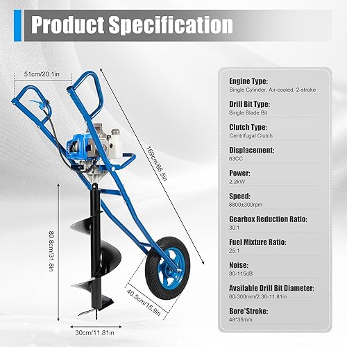 63CC 2-Stroke Gas Powered Earth Auger Post Hole Digger, 3HP Auger Post Hole Digger with 11.81' Drill, Earth Auger Gas Auger Fence Post Auger for Garden & Lawn Digging Planting Drilling (Blue) - Poueer