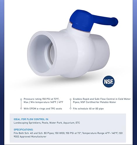 Midline Valve 487T400 PVC Ball Valve; Blue T-Handle for Potable Water; 4 in. Solvent Connections; White Plastic - Poueer
