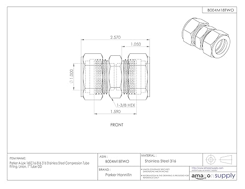Parker A-Lok 8SC8-316 316 Stainless Steel Compression Tube Fitting, Union, 1/2' Tube OD - Poueer
