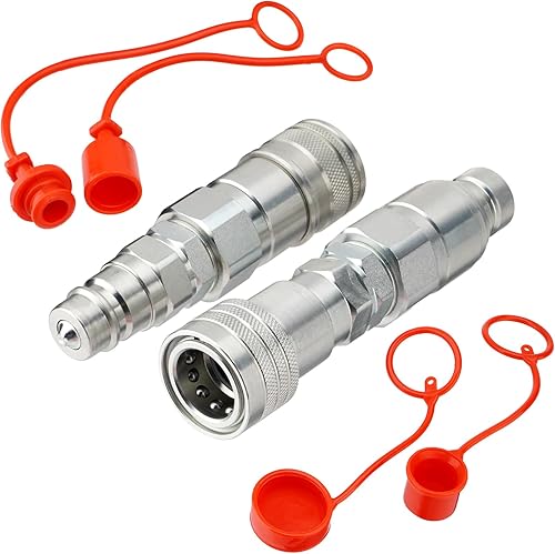 1/2' Flat Face ISO 16028 to Ag ISO 5675 Pioneer Style Hydraulic Quick Connect Coupler, Skid Steer Hydraulic Coupling Adapter w/Dust Cap - Poueer