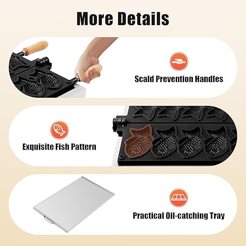 Fish Waffle Maker 110V/Commercial Use, 2400W Electric Taiyaki Machine, Mini Fish Shaped Waffles with Non-Stick Coating, for Home, Restaurants, Milk Tea Shops, Dessert Shops - Poueer