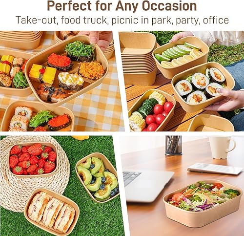 Paper Food Containers with Lids [50 pack] 35 oz Kraft Paper Meal Prep Containers with Lids, Microwavable and Freezer Storage Use Cardboard Food Containers, Disposable Take Out Containers - Poueer