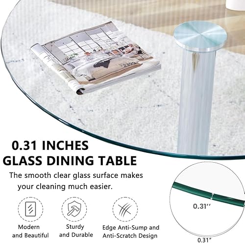 Round Glass Top Pedestal Table Glass Kitchen Dining Table 60/70/80cm Modern Circular 2-4 Seater Breakfast Bistro Table Chrome Base (70cm/27.3”) - Poueer