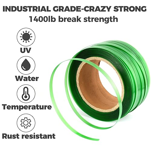 Heavy Duty Packaging Strapping Banding Roll - Green Polyester PET Industrial-Grade, 1000' x 5/8' x 0.035' Pallet Strap Coil - 1400 lbs Break Strength, Rust-Resistant with Self Dispensing Box Kit - Poueer