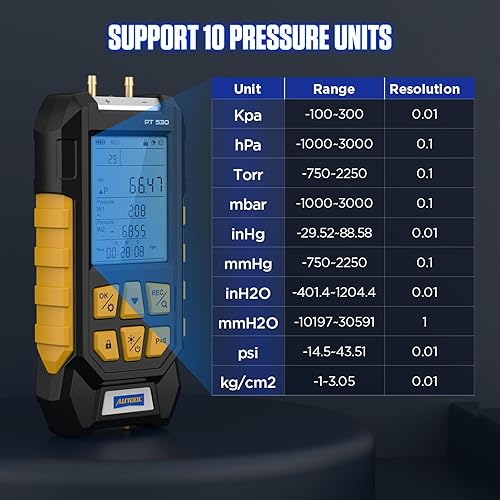 AUTOOL Manometer Gas Pressure Tester,Digital Manometer HVAC,11 Units Differential Dual Port Pressure Gauge -100 to 200Kpa,Data Zeroing with Backlight LCD Display - Poueer