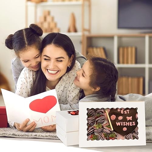 TOMNK 60pcs Bakery Boxes, 12x8x2.5 Inches 3 Style Cookie Boxes, Treat Containers with Window for Mother's Day, Candies, Chocolate Strawberries, Cakes, Muffins, Donuts - Poueer