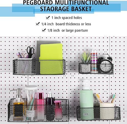 Norme 4 Pack Pegboard Baskets Set 4 Size Metal Wall Organizer Square Style Wire Pegboard Bins Wall Mount Peg Board Tool Organization for Workbench Accessories Garage Storage(Black) - Poueer