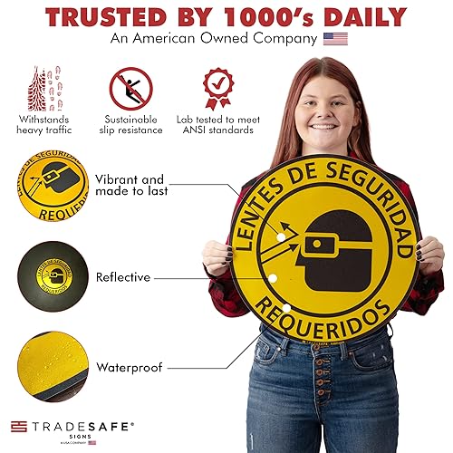 TRADESAFE Safety Glasses Required Anti-Slip Floor Sticker - Eye Protection Required Caution Sign, Peel and Stick Adhesive Vinyl Sign, ANSI-Compliant, 17” Diameter Round Sticker - Poueer